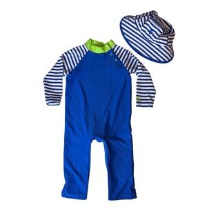 Coolibar one-piece swim suit blue white stripe 6-12 month long sleeve pant hat